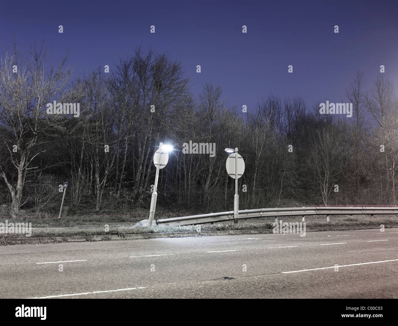 Strada e alberi illuminati da luci di strada di notte con cielo blu , adottate dalle sedi stradali Foto Stock