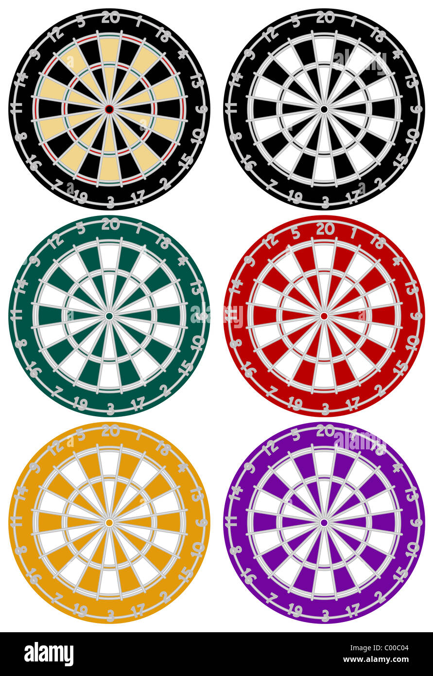 Set di 6 Dartboards in diversi colori Foto Stock