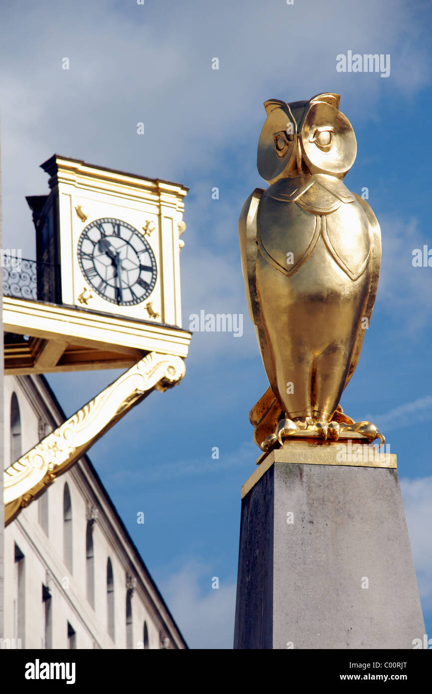 Statua dorata di gufo, simbolo della città di Leeds Foto Stock