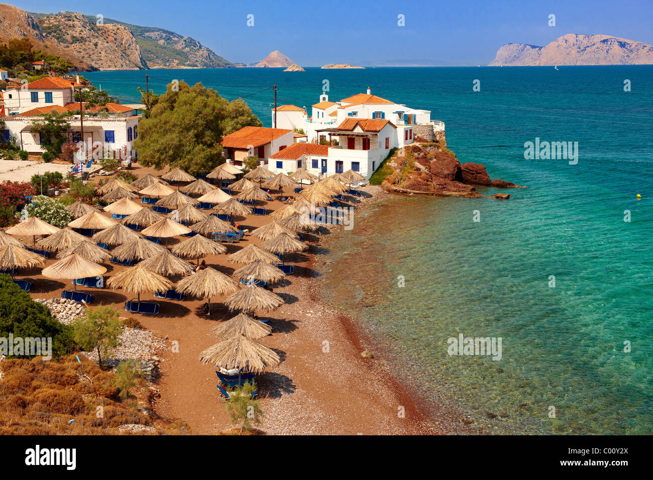 Vlychos Village & beach, Hydra, greco isole Saroniche. Foto Stock