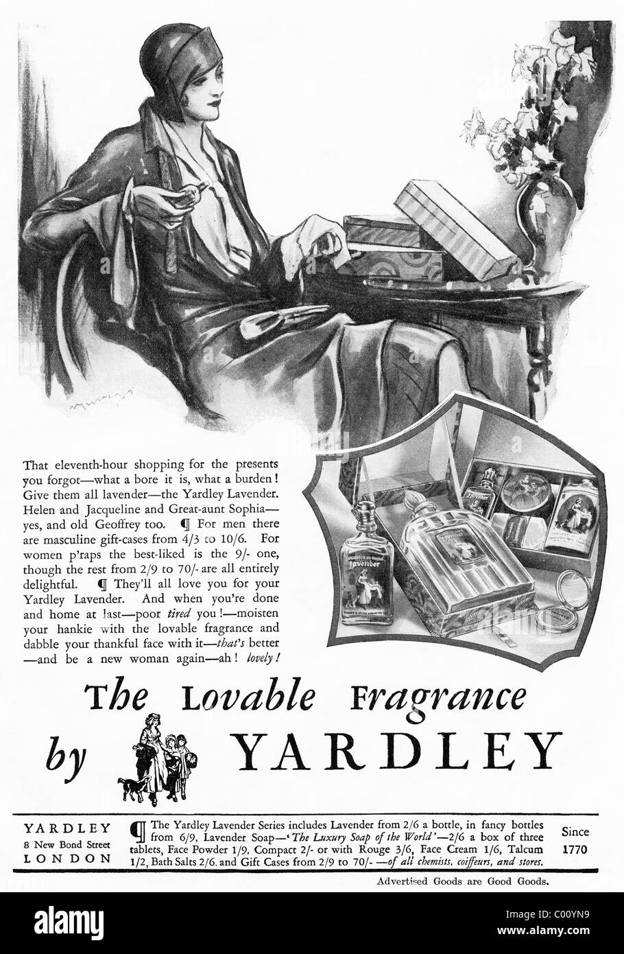 1920s pagina piena annuncio nella rivista di consumatori per YARDLEY cosmetici Foto Stock