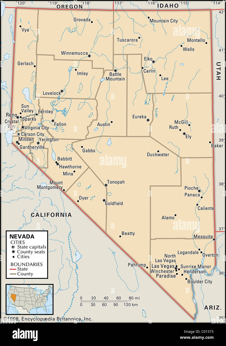 Mappa politica del Nevada Foto Stock