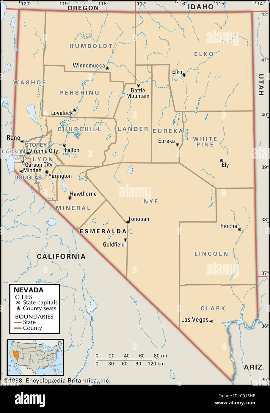 Mappa politica del Nevada Foto Stock