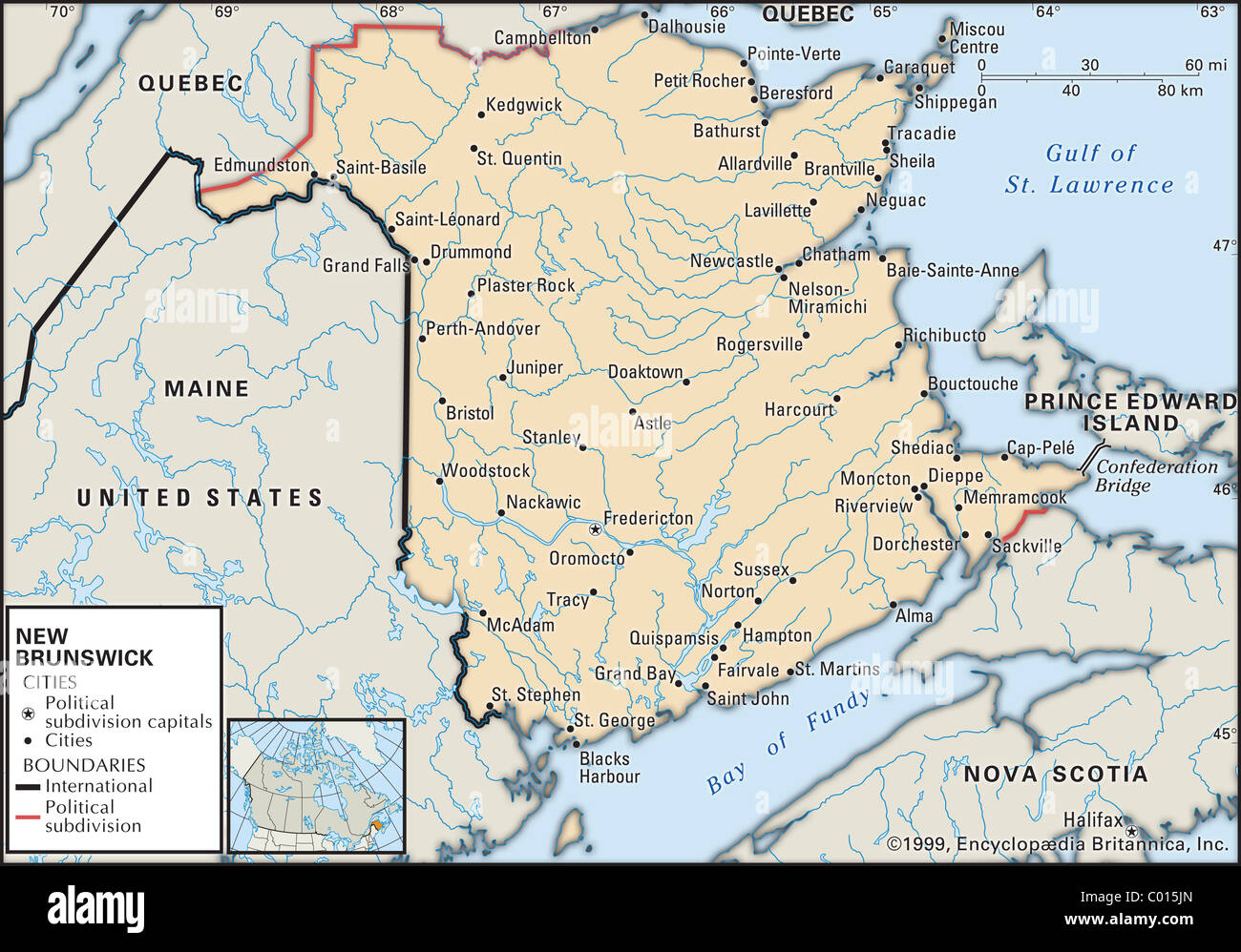Mappa politica del Nuovo Brunswick Foto Stock