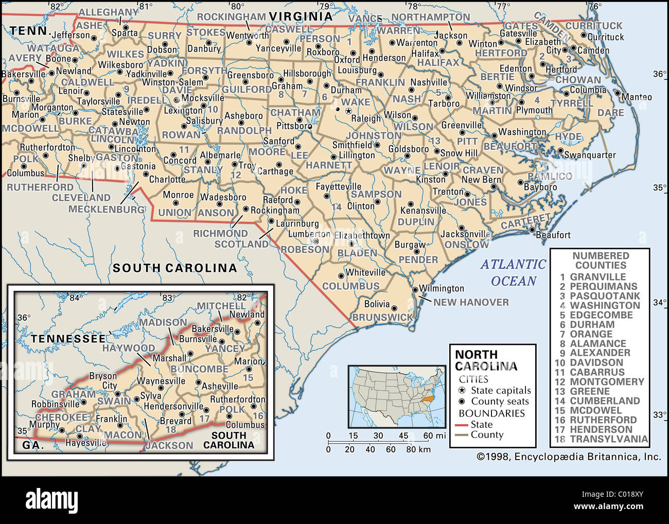 Mappa Politico della Carolina del Nord Foto Stock