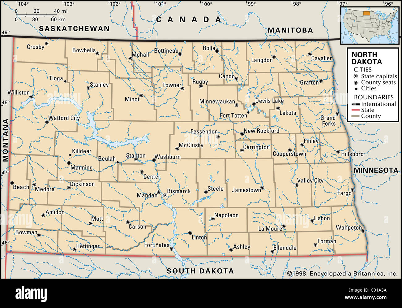 Mappa Politico di Dakota del Nord Foto Stock