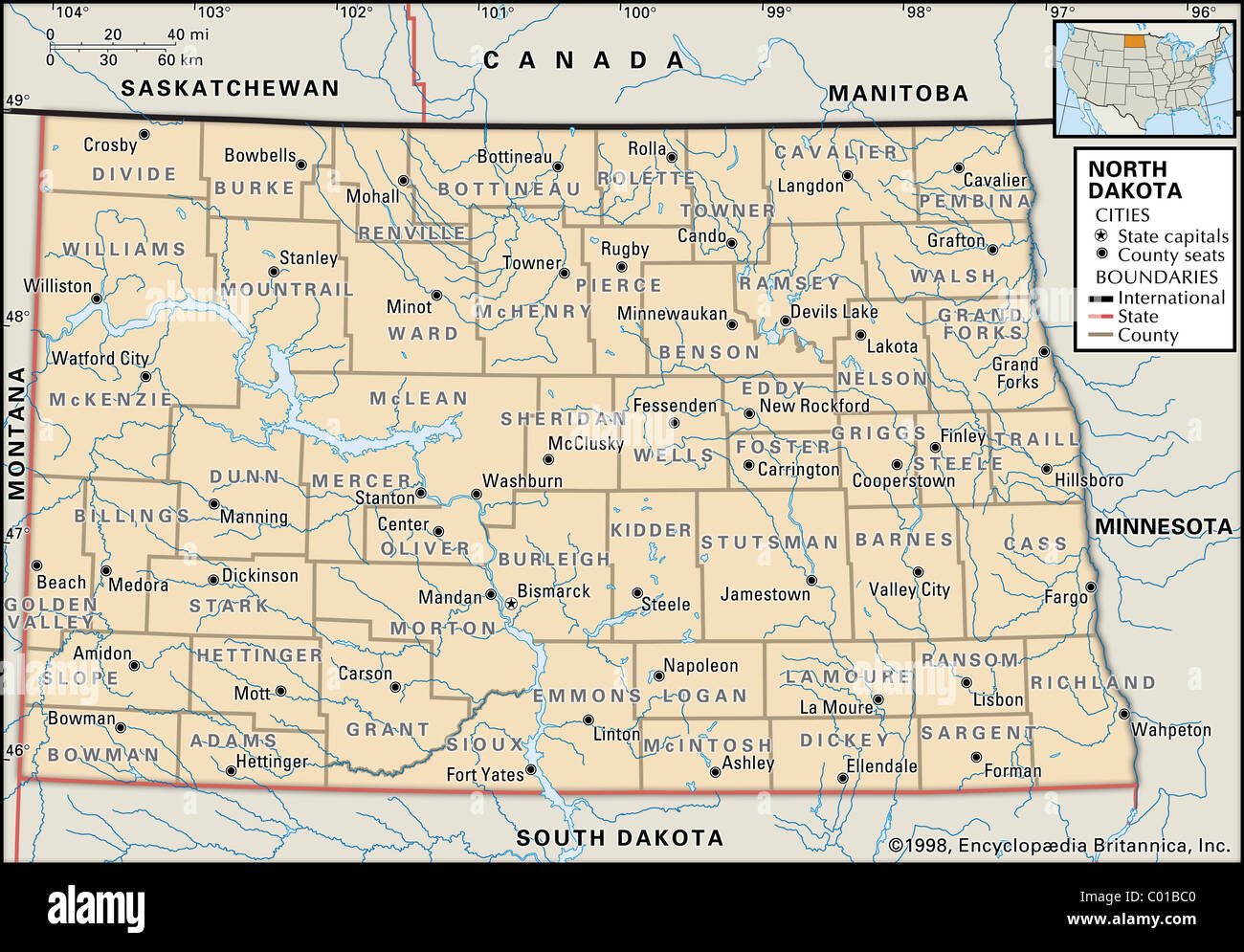 Mappa Politico di Dakota del Nord Foto Stock