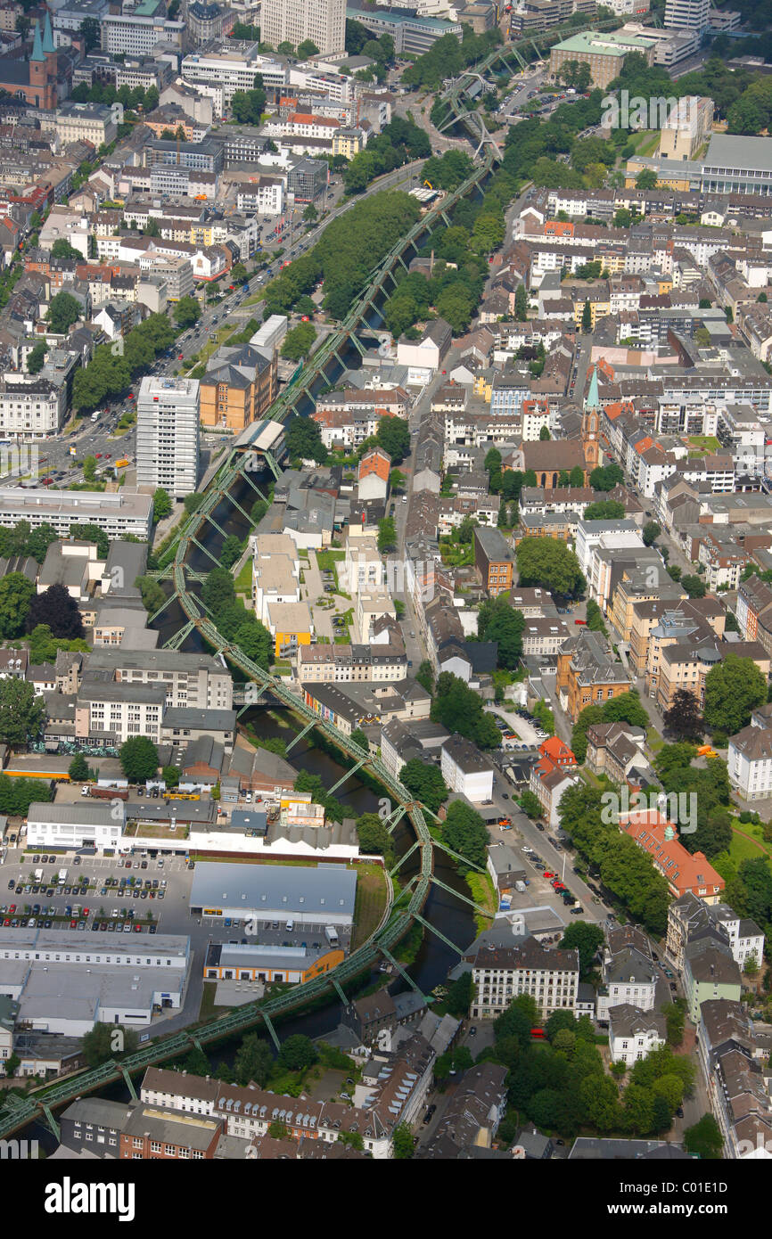 Vista aerea, Wuppertal ferroviaria di sospensione, fiume Wupper, Wuppertal, zona della Ruhr, Renania settentrionale-Vestfalia, Germania, Europa Foto Stock
