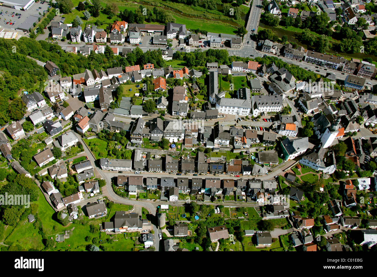 Vista aerea, centro storico della città con la torre campanaria, Arnsberg, Renania settentrionale-Vestfalia, Germania, Europa Foto Stock