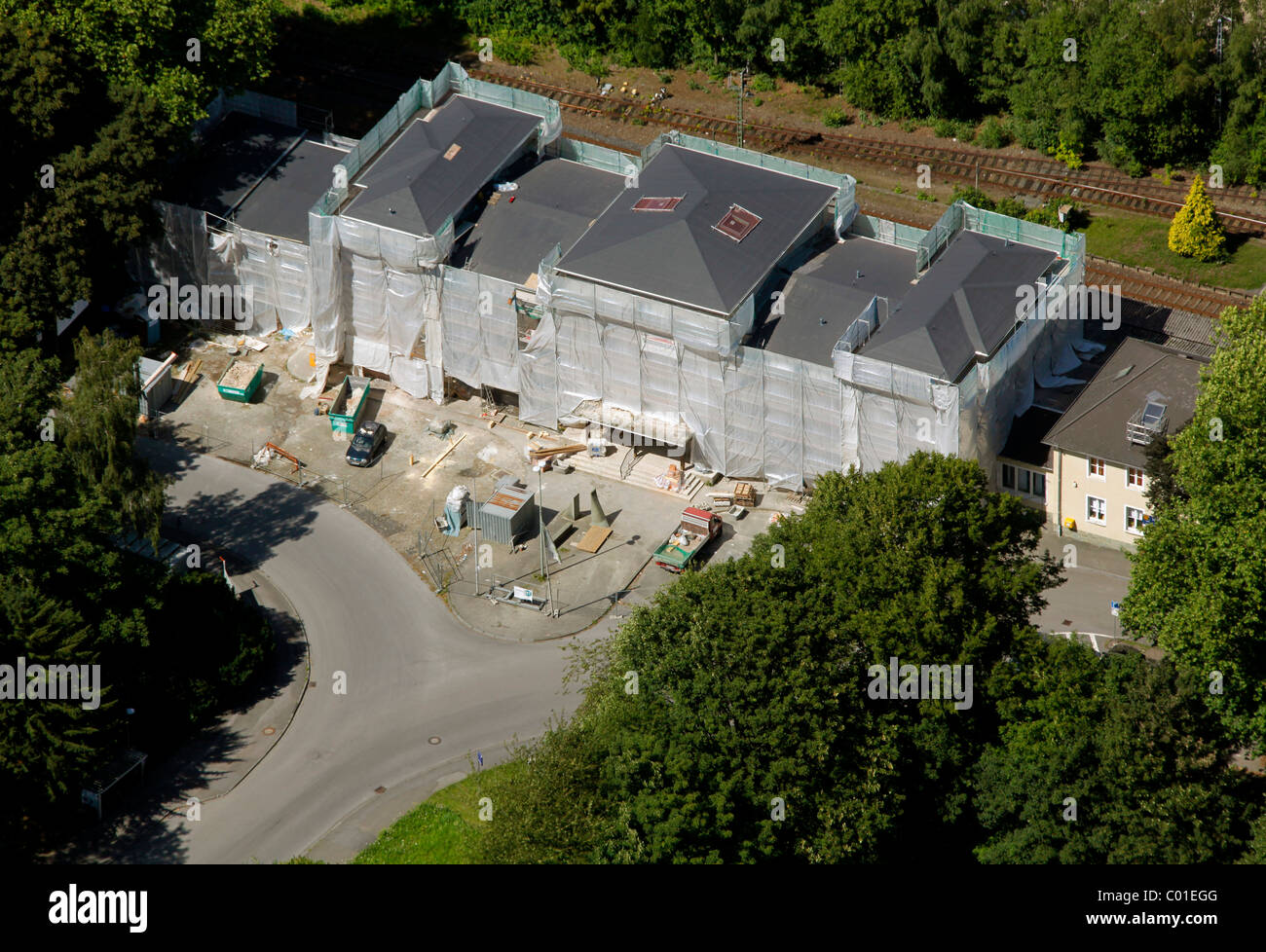 Vista aerea, Stazione Centrale in Arnsberg in Christo avvolgimento, Arnsberg, Renania settentrionale-Vestfalia, Germania, Europa Foto Stock