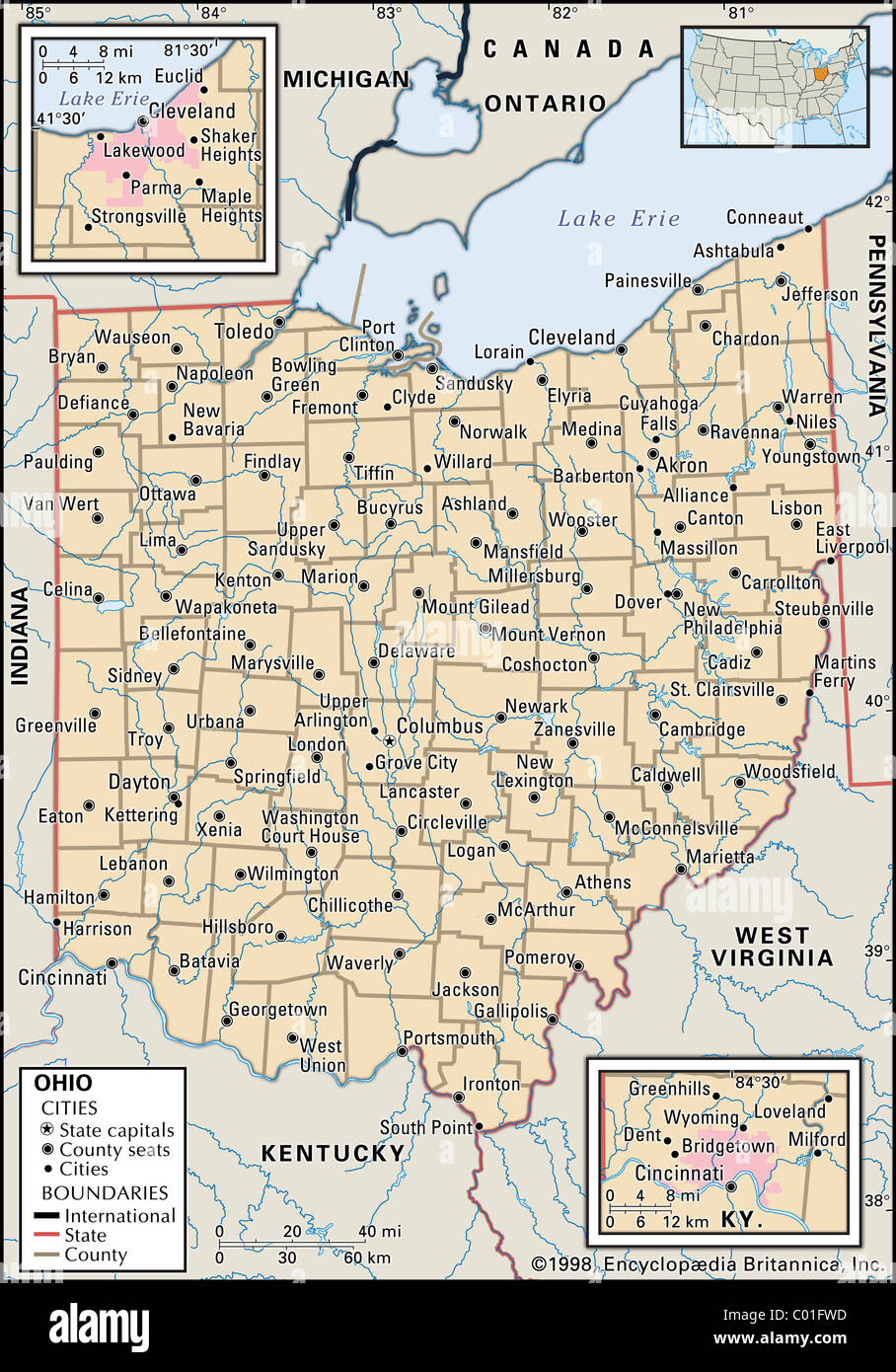 Mappa Politico di Ohio Foto Stock