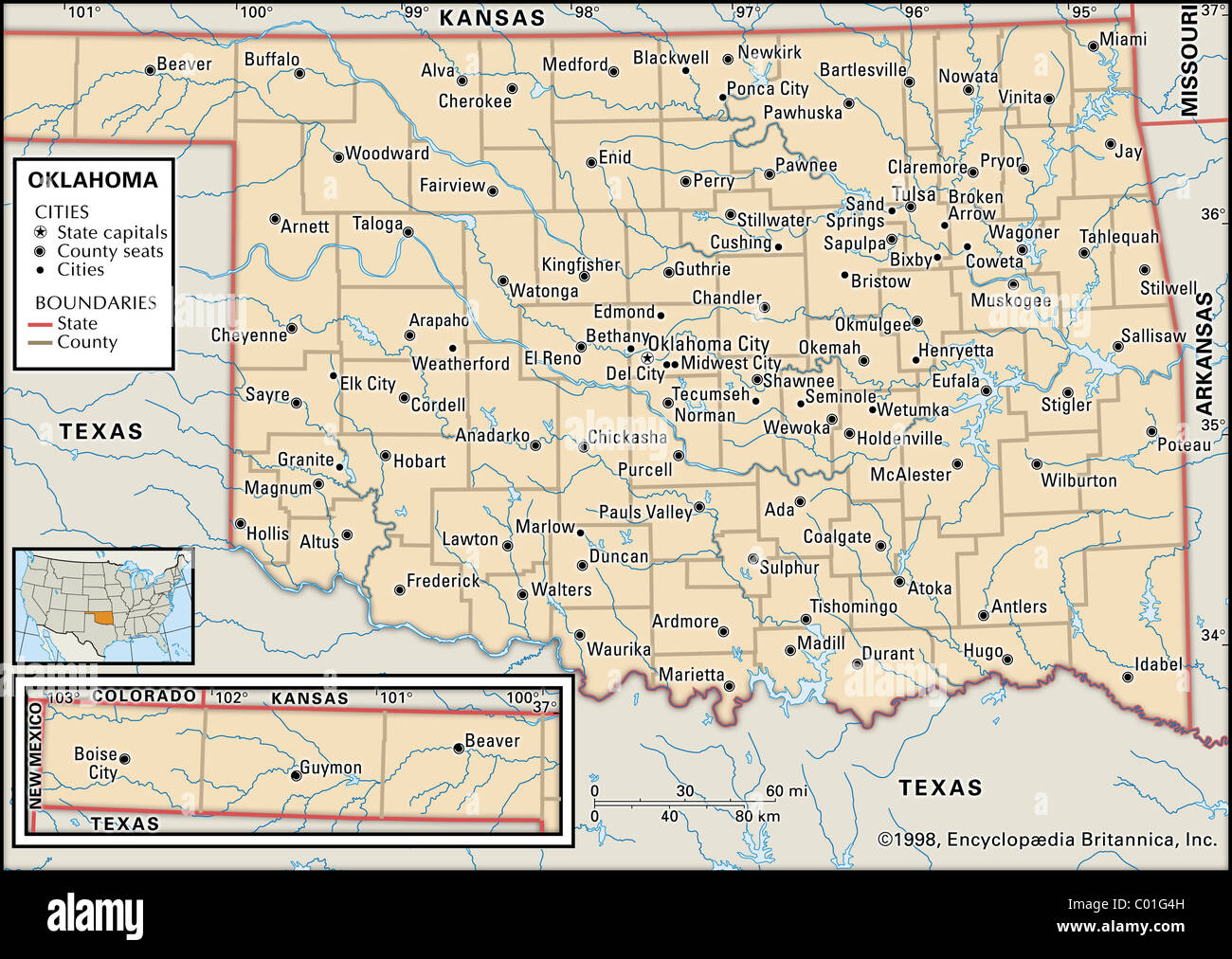 Mappa Politico di Oklahoma Foto Stock