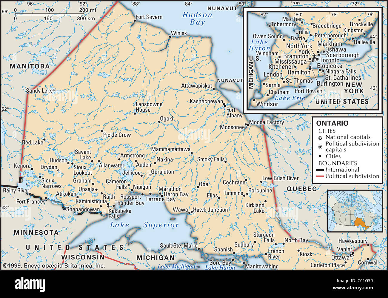 Mappa Politico di Ontario Foto Stock