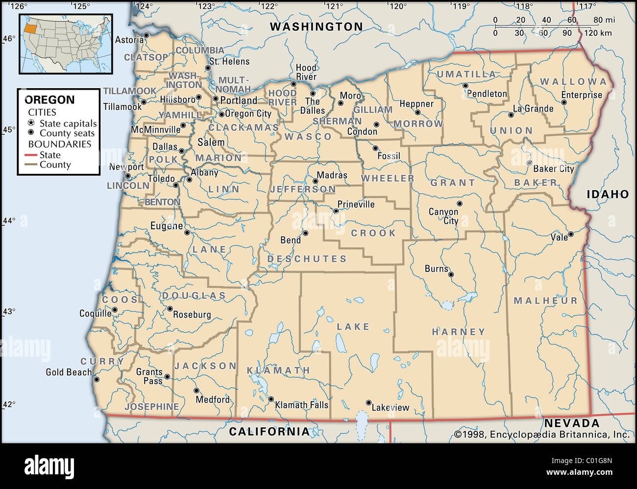 Mappa Politico di Oregon Foto Stock