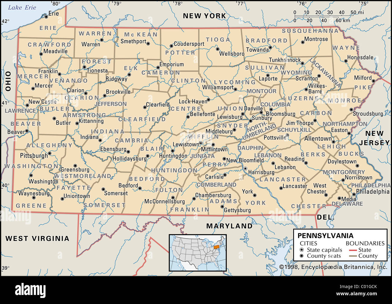 Mappa Politico della Pennsylvania Foto Stock