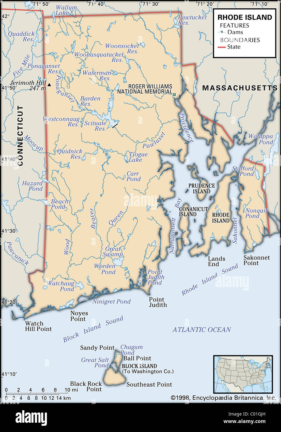 Cartina Fisica del Rhode Island Foto Stock