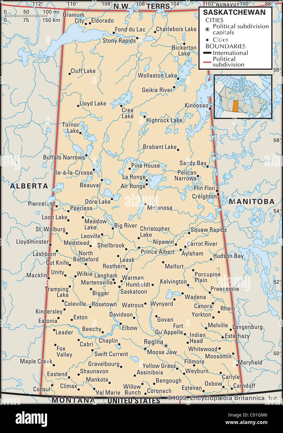 Mappa Politico di Saskatchewan Foto Stock