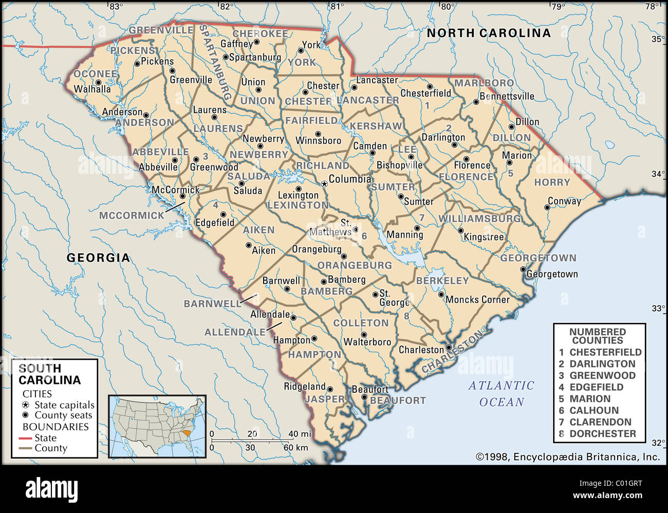 Mappa di Carolina del Sud Foto Stock