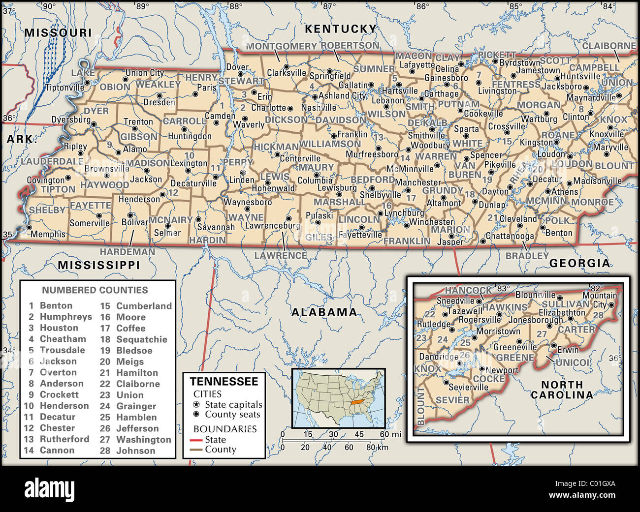 Mappa politico del Tennessee Foto Stock