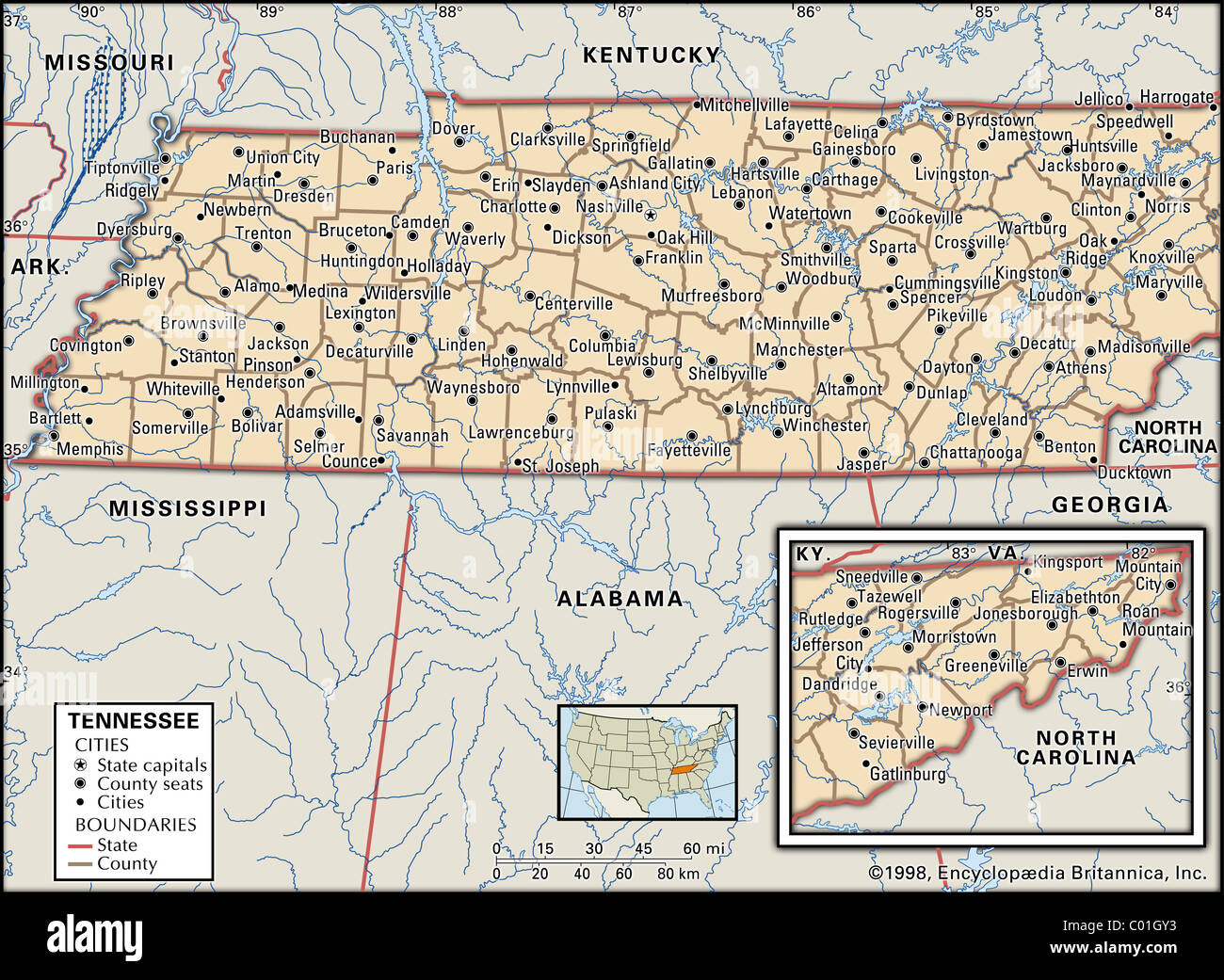 Mappa politico del Tennessee Foto Stock