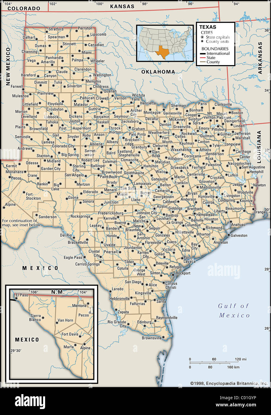 Mappa politico del Texas Foto Stock