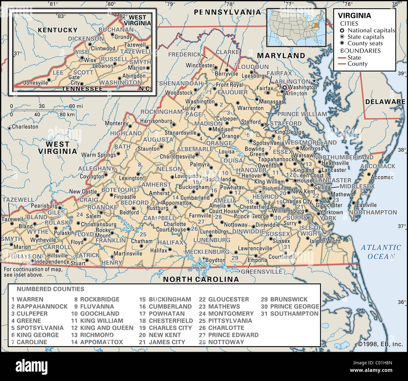 Mappa Politico della Virginia Foto Stock