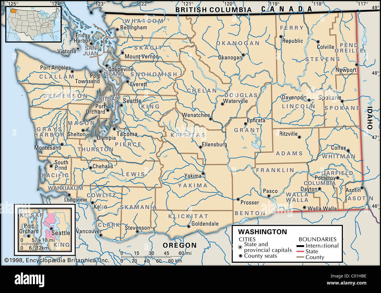 Mappa politico dello Stato di Washington Foto Stock