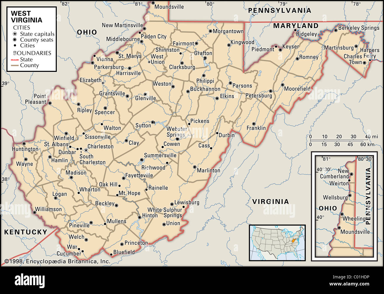 Mappa politico del West Virginia Foto Stock