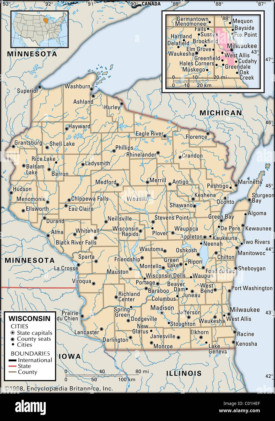 Mappa politico del Wisconsin Foto Stock
