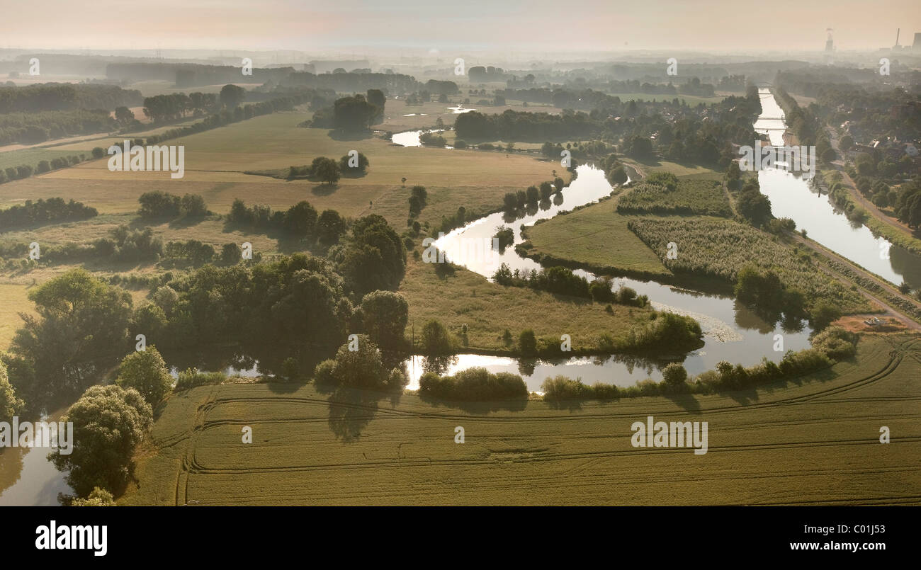 Vista aerea, golene del fiume Lippe, serpeggiante fiume Lippe, fiume piega, rinaturazione, Life-Project dello stato Foto Stock