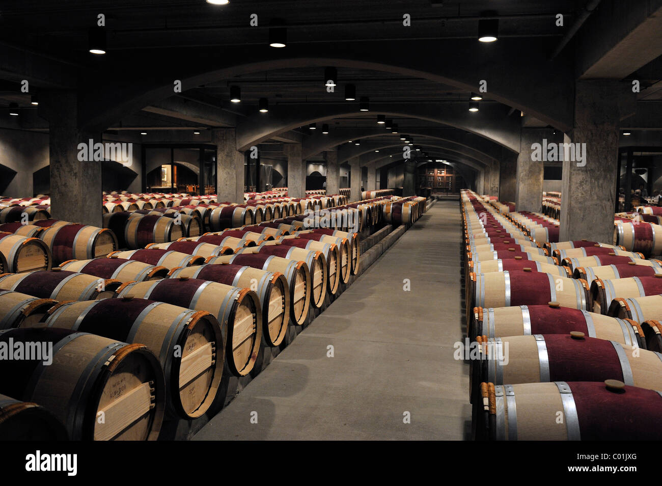 Botti di rovere francese nella cantina di invecchiamento del Robert Mondavi Winery, Napa Valley, California, Stati Uniti d'America Foto Stock