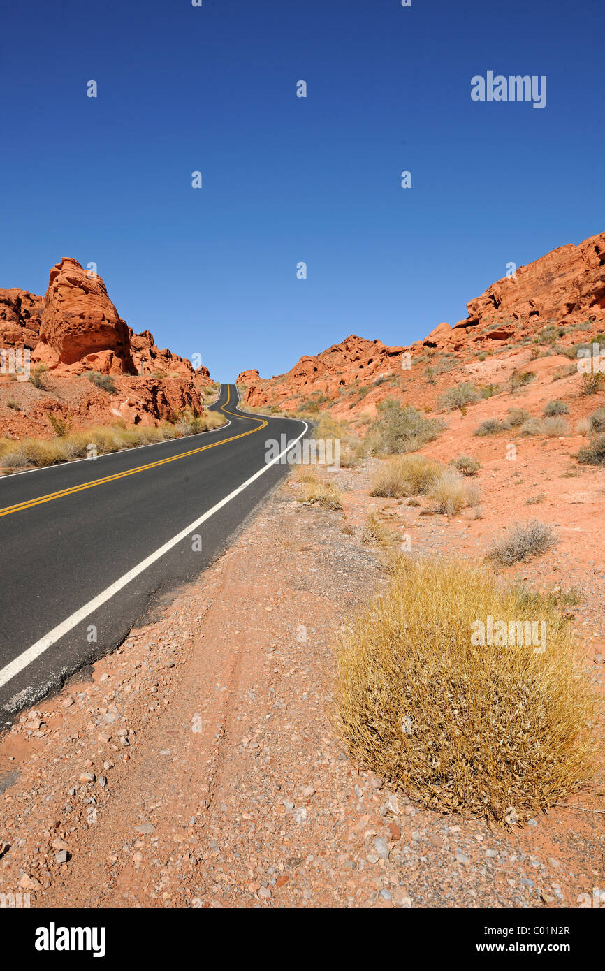 Strada che attraversa il Parco della Valle di Fire State, Nevada, Stati Uniti d'America, America del Nord Foto Stock