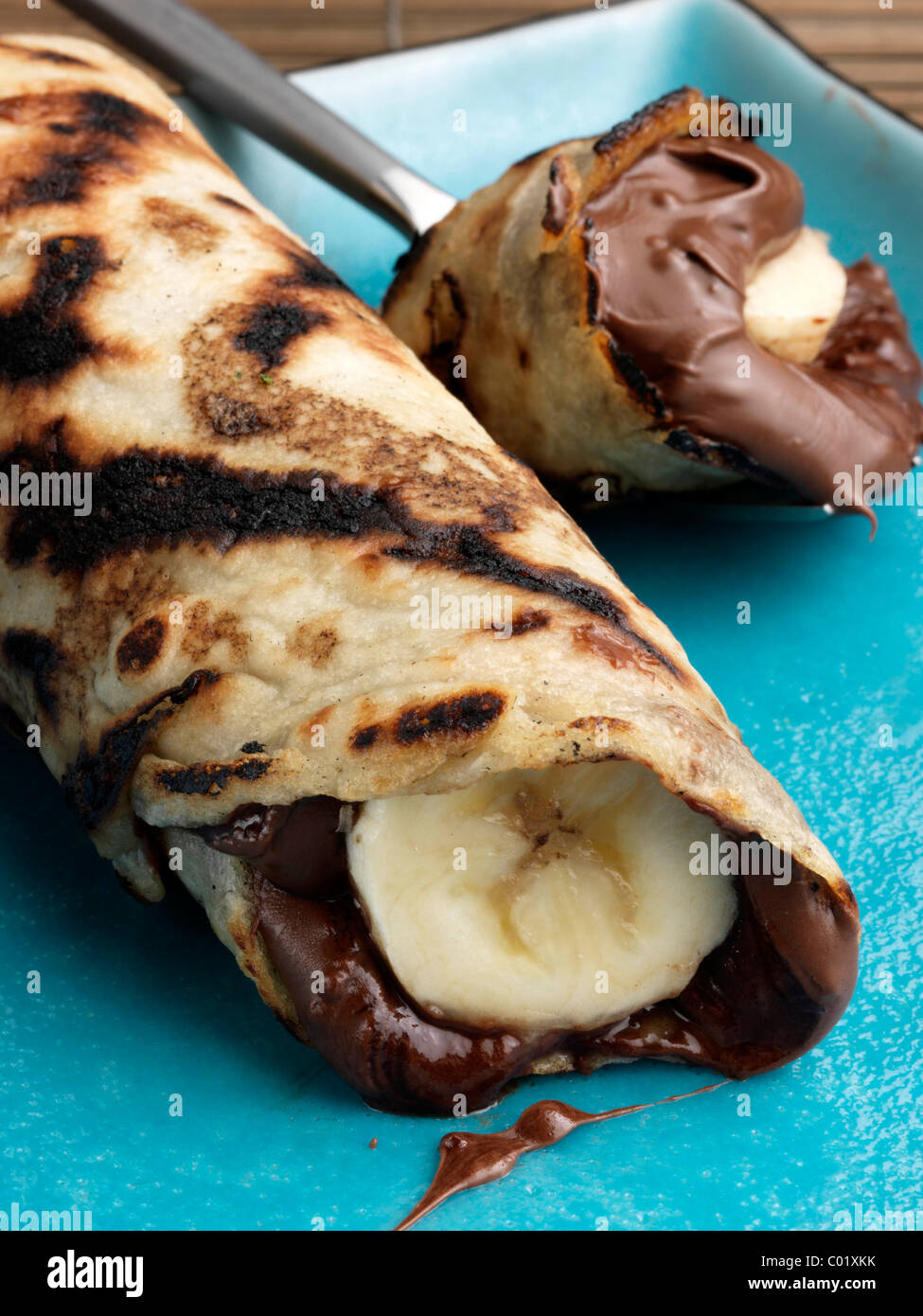 Il cioccolato banana pancake dessert vegetariano Foto Stock