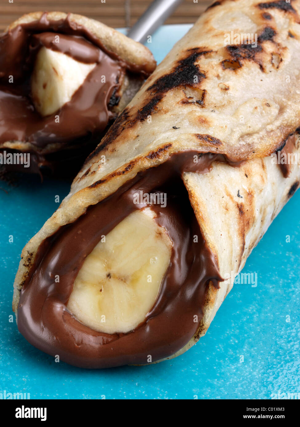 Il cioccolato banana pancake dessert vegetariano Foto Stock