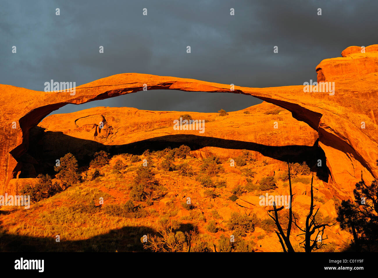 Landscape Arch rock formazione al mattino in un clima burrascoso, Arches National Park, Utah, Stati Uniti, America Foto Stock
