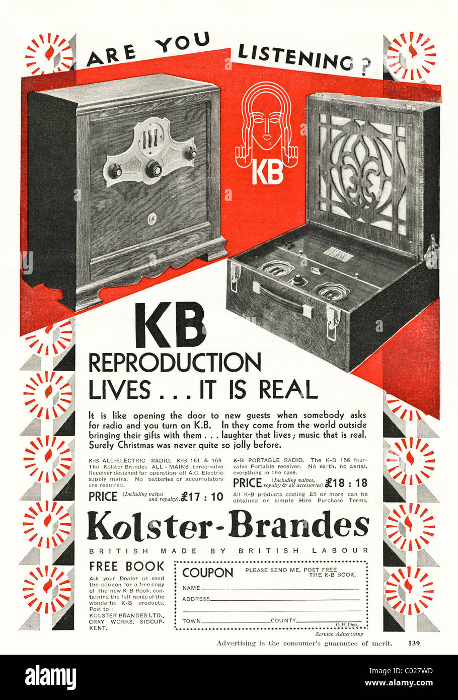 Annuncio 1920s pagina piena nella rivista dei consumatori per KB KOLSTER - BRANDES British fatto radio Foto Stock