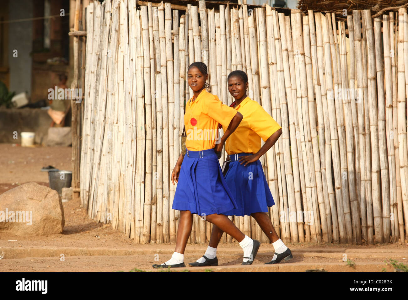 Le ragazze adolescenti in uniformi di scuola a piedi torna a casa da scuola di Makeni, Sierra Leone, martedì 24 febbraio, 2009. Foto Stock