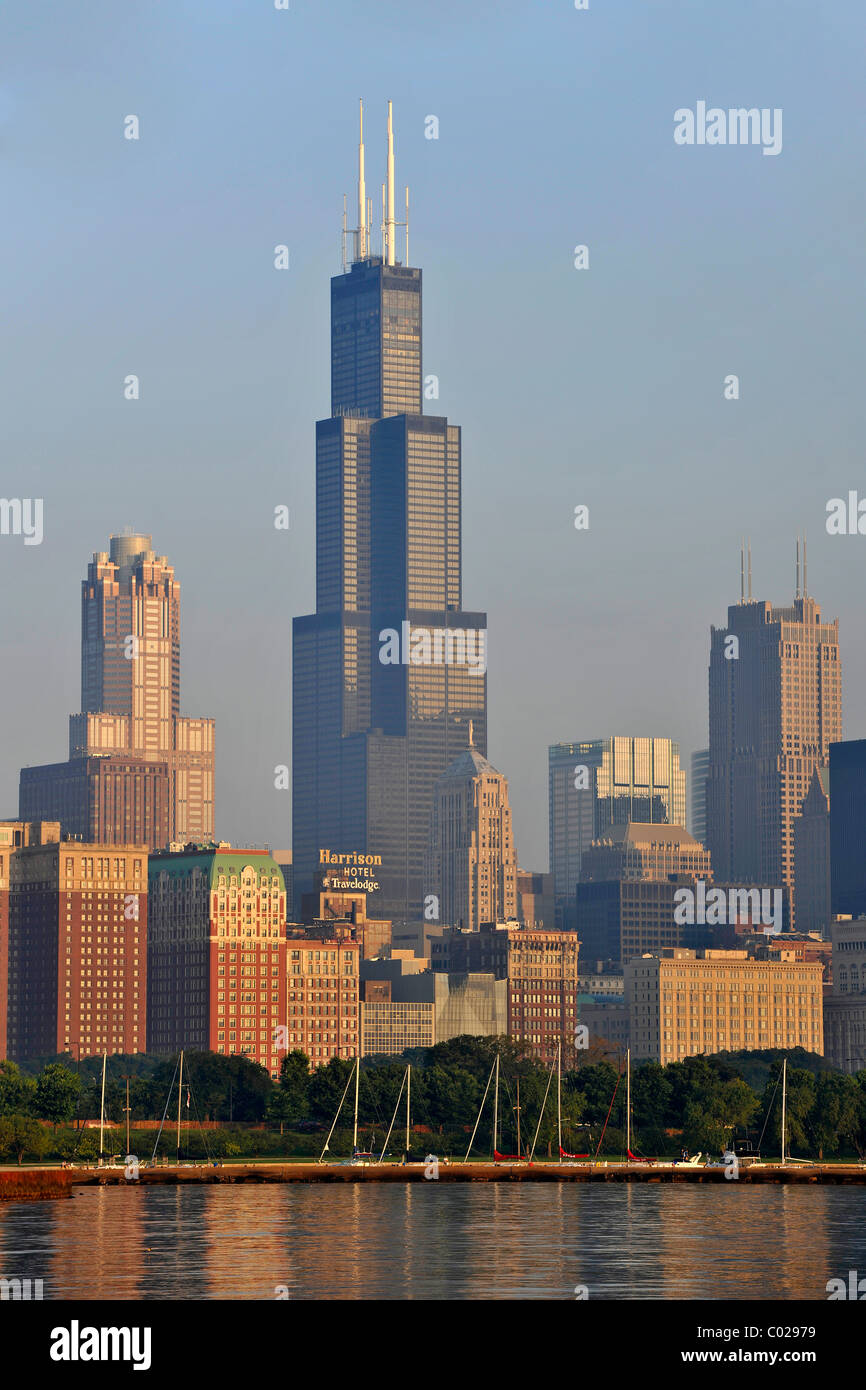 Willis Tower, precedentemente denominato Sears Tower e rinominata in 2009, il lago Michigan, Chicago, Illinois, Stati Uniti d'America, STATI UNITI D'AMERICA Foto Stock