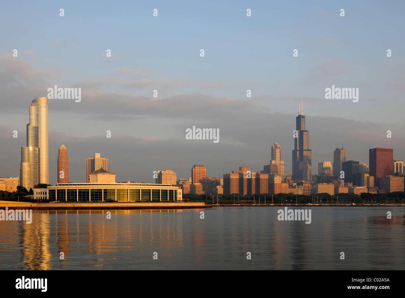 John G. Shedd Aquarium e Oceanarium, il lago Michigan, Willis Tower, precedentemente denominato Sears Tower e rinominata in 2009, 311 Sud Foto Stock