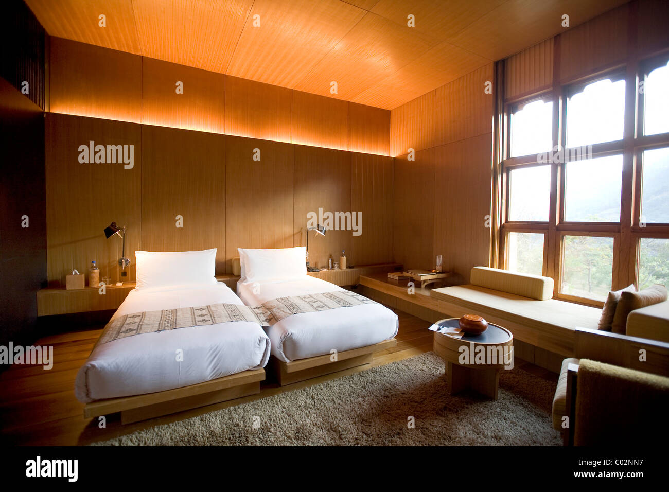 Zen-camere di stile, Amankora Hotel, Punakha, Bhutan, Regno del Bhutan, Asia del Sud Foto Stock