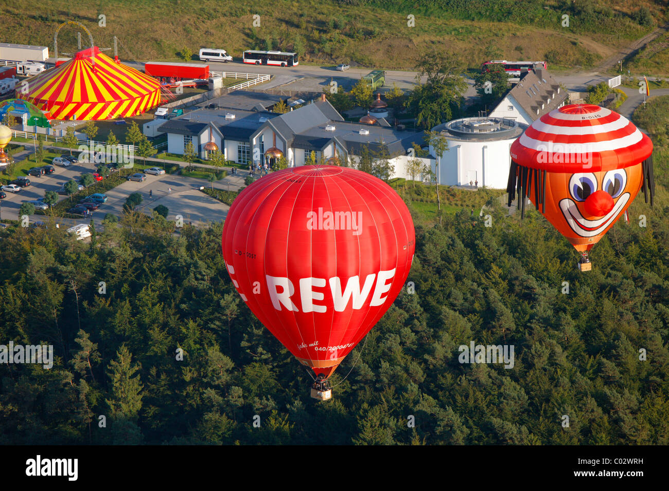 Vista aerea, i palloni ad aria calda, ventesimo Warsteiner Montgolfiade, aria calda balloon festival, Warstein, Sauerland Foto Stock