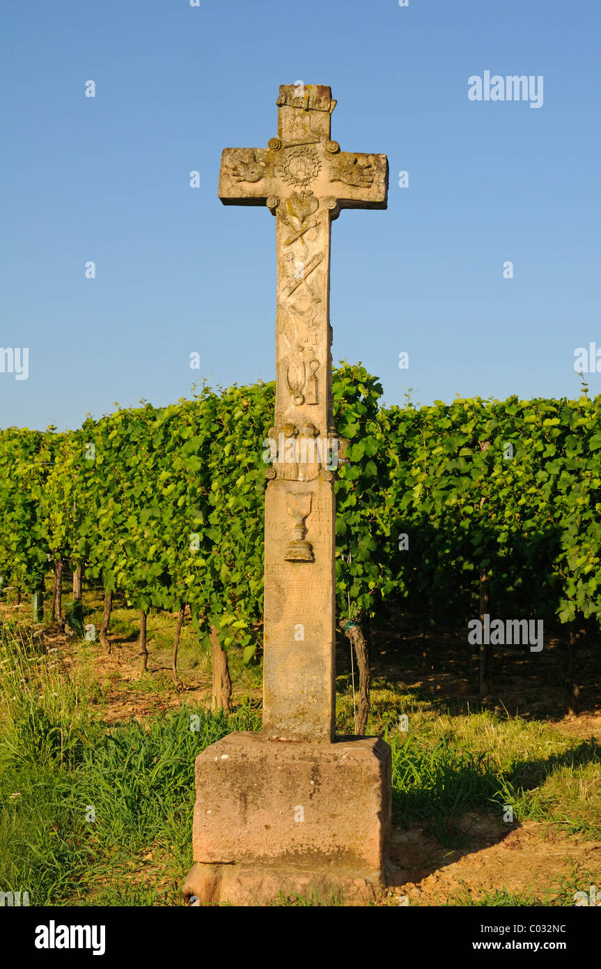 Edicola in pietra croce con iscrizioni e rilievi figurativi sul vino Alsaziano road, Alsazia, Francia, Europa Foto Stock
