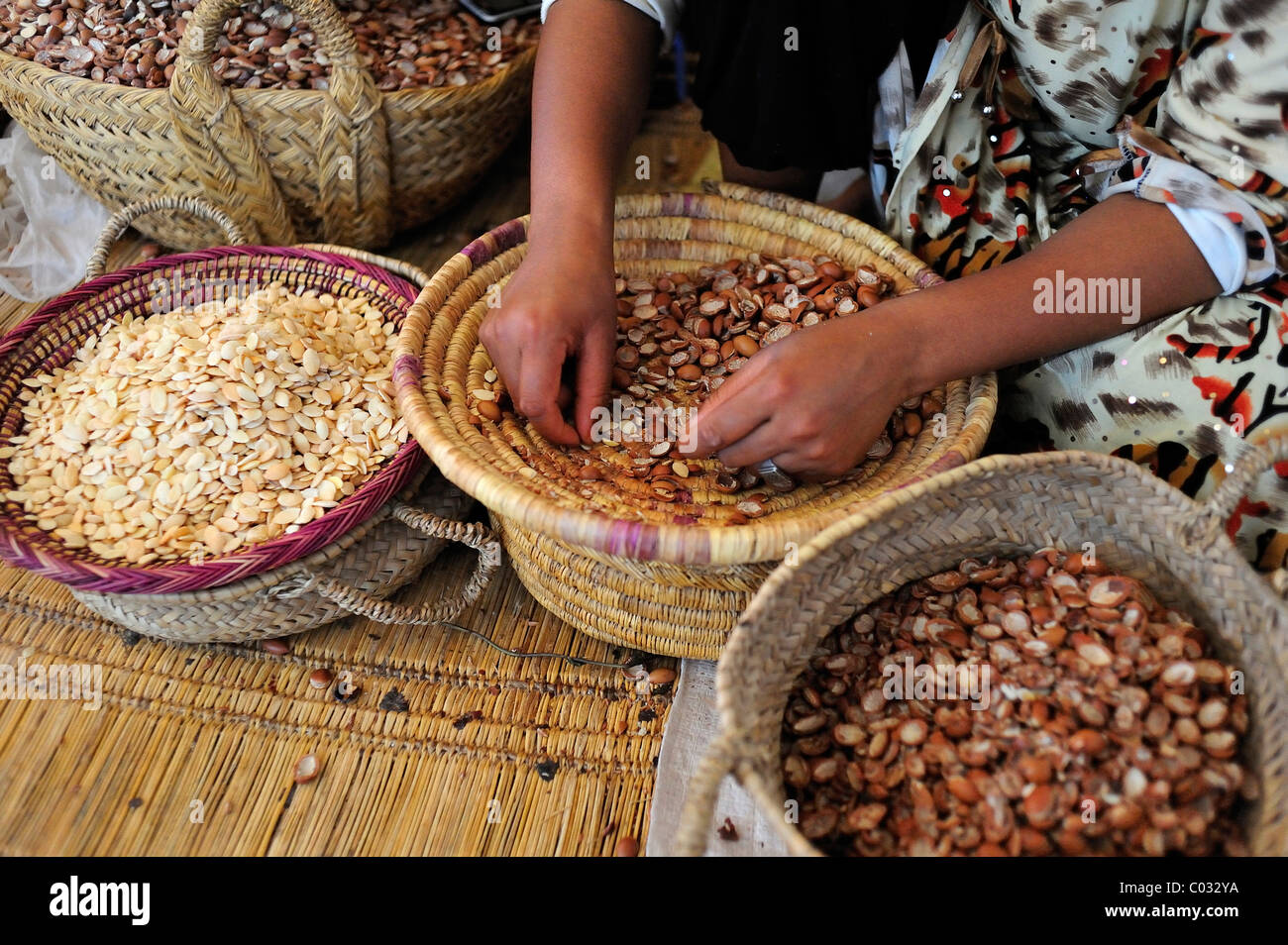 Una donna di smistamento semi di Argan al di fuori di un vaso a premere per ottenere l'olio di Argan, Sud Marocco, Marocco, Africa Foto Stock