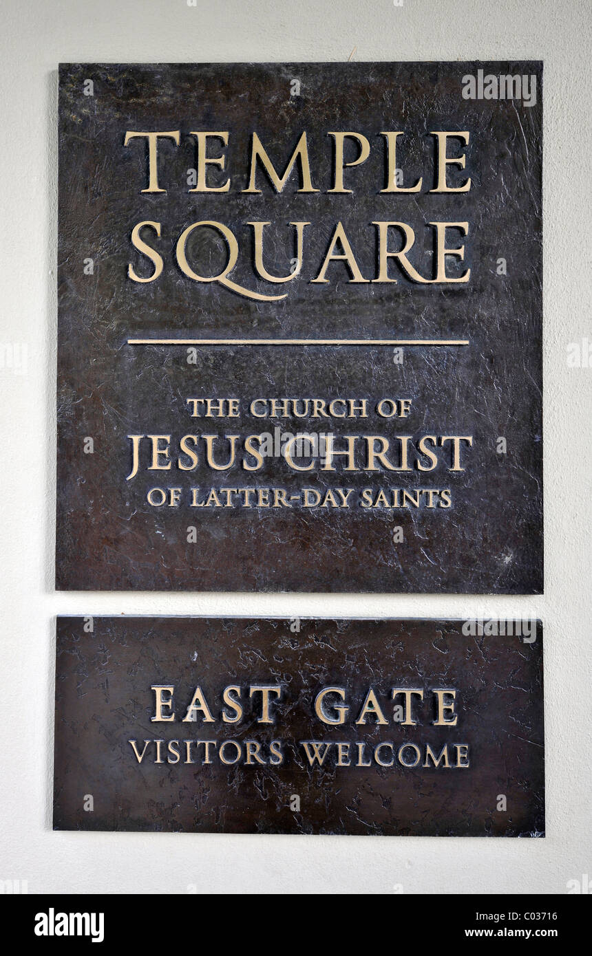 Informazioni per i visitatori pannello, ingresso est del Tempio della Chiesa di Gesù Cristo dei Santi degli Ultimi Giorni, Chiesa Mormone Foto Stock