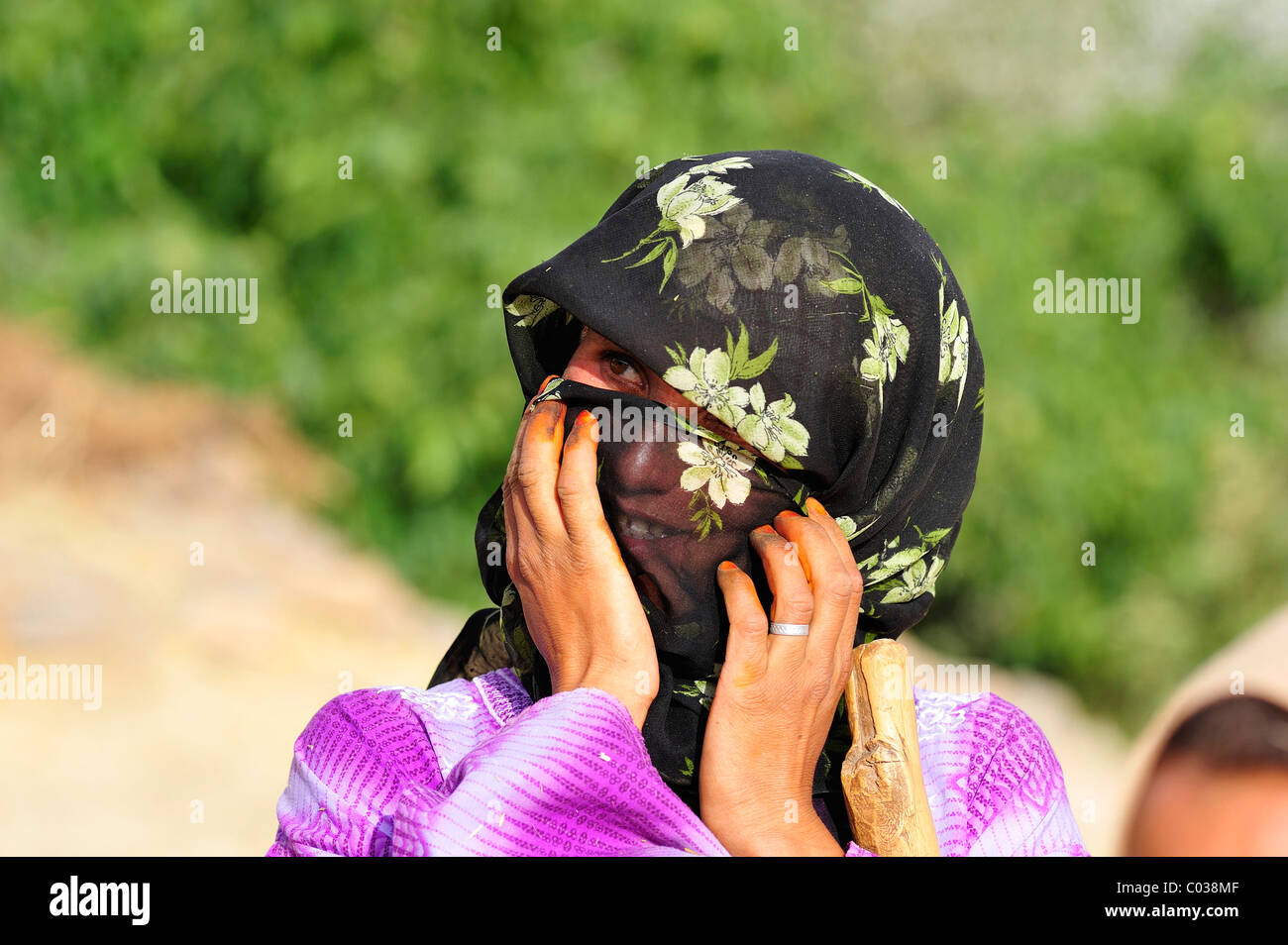 Ritratto di una giovane donna con un velo, Ait Bouguemez, Alto Atlante, Marocco, Africa Foto Stock