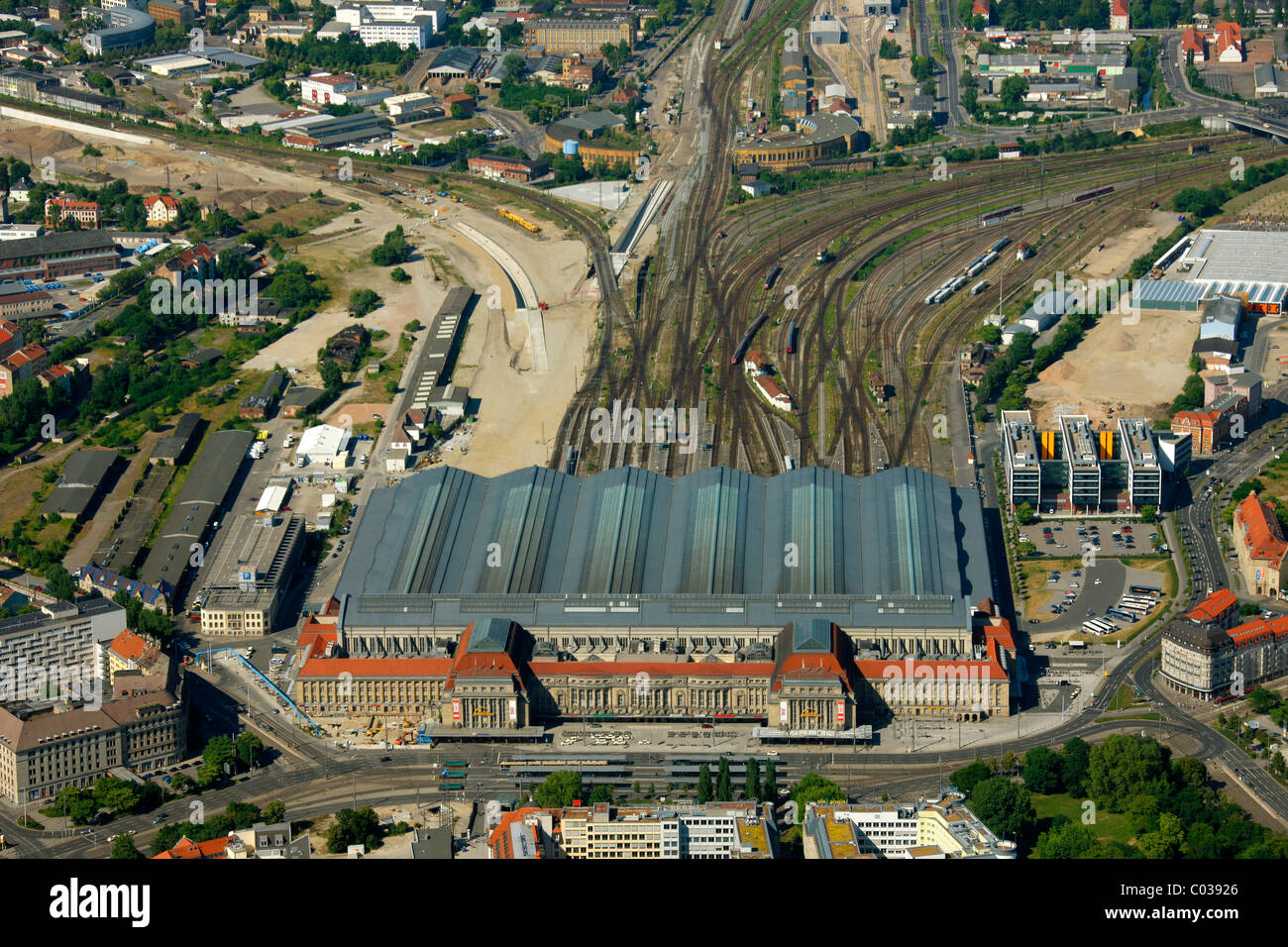 Vista aerea, stazione centrale, stazione terminale, Leipzig, in Sassonia, Germania, Europa Foto Stock