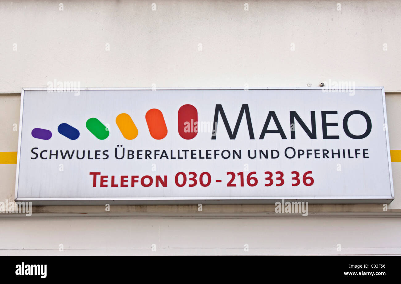 Segno di Maneo, 'Schwules Ueberfalltelefon und Opferhilfe', 'Hotline per casi di emergenza per gay chi è stato vittima di un assalto e Foto Stock