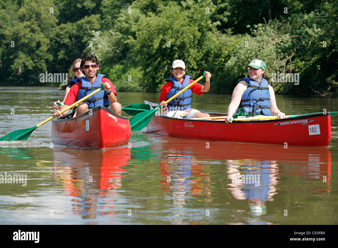 Quattro giovani adulti in due canoe paddle fianco a fianco lungo il Fiume Fox in Yorkville Illinois USA Foto Stock