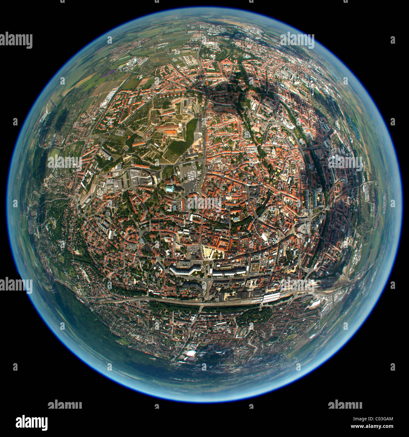 Vista aerea, obiettivo fisheye, sferica panorama, la costruzione della città di amministrazione, Erfurt, Turingia, Germania, Europa Foto Stock