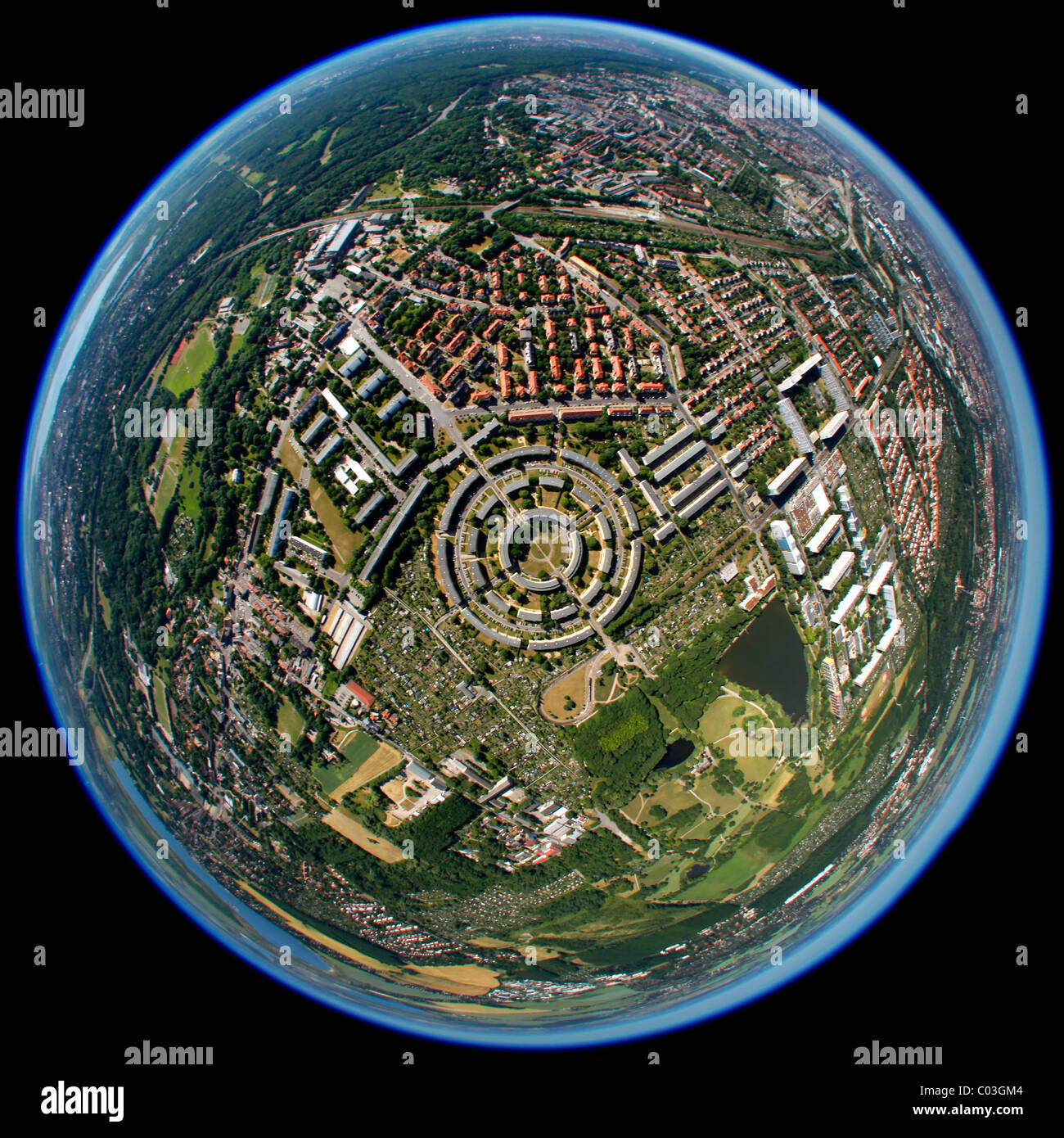Vista aerea, fisheye, panorama sferica, alloggiamento rotondo station wagon, Loessnig, Connewitz, Lipsia, Sassonia, Germania, Europa Foto Stock